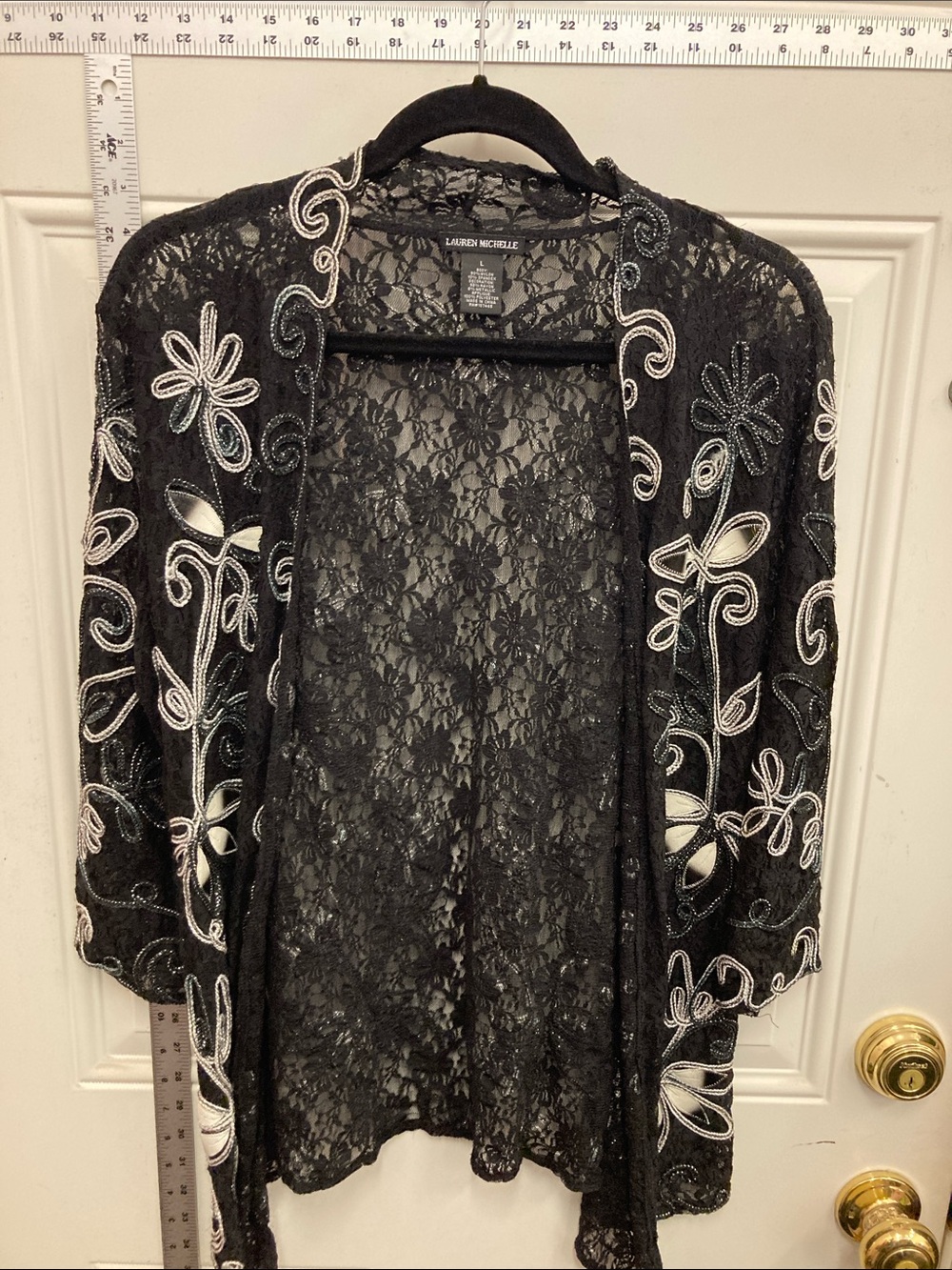 Lauren Michelle Black Lace Open Front Cardigan with White Embroidery - Pre-loved